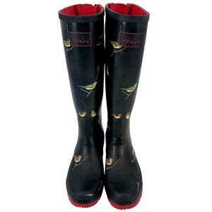 Joules Womens Black Welly Bird Print Tall Rain Boots US10 FLAW
